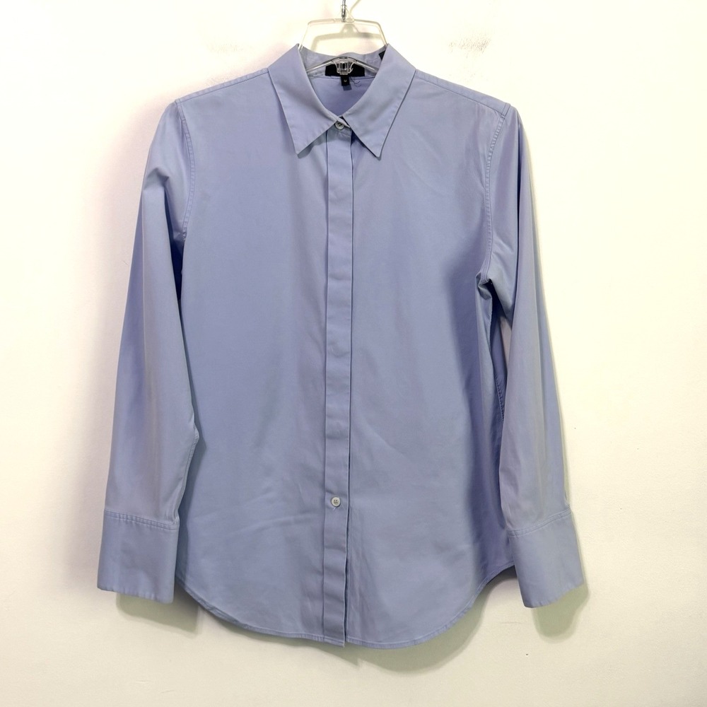 Theory Essential Button Down Blouse M Periwinkle Blue Hidden Button Career